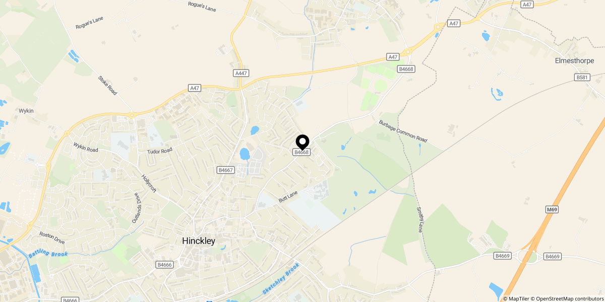 Approximate location of Kirfield Drive, Hinckley, LE10 1SX