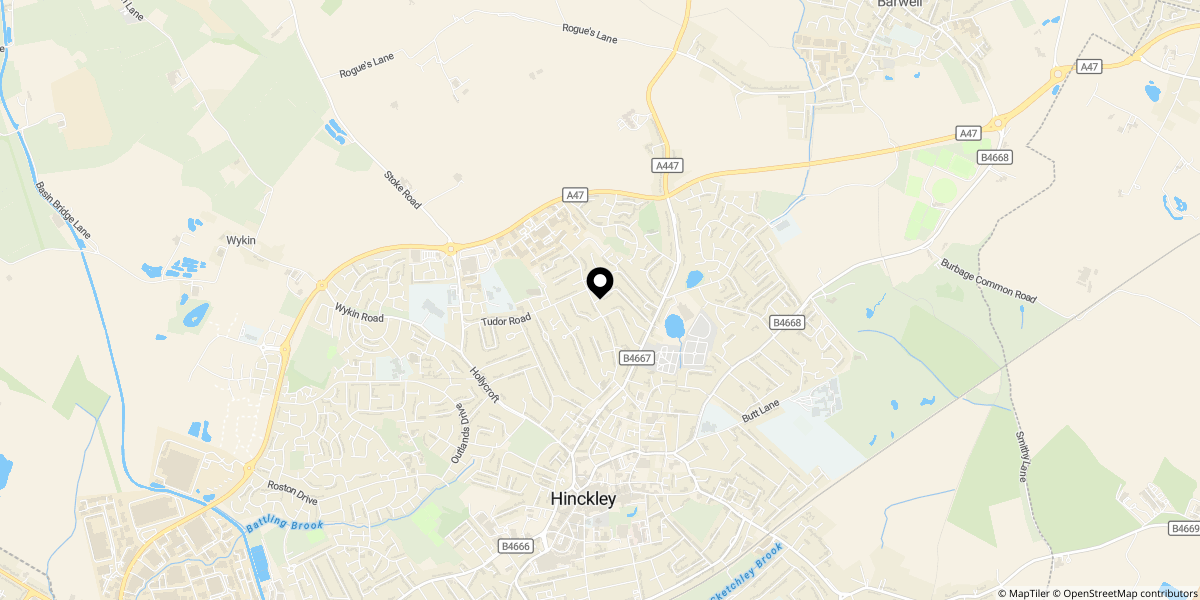 Approximate location of Teign Bank Close, Hinckley, LE10 0EB